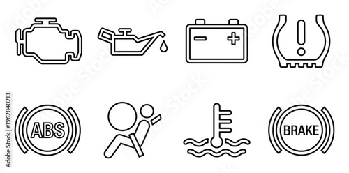 Car dashboard warning lights icons isolated on checkered background outline vector set