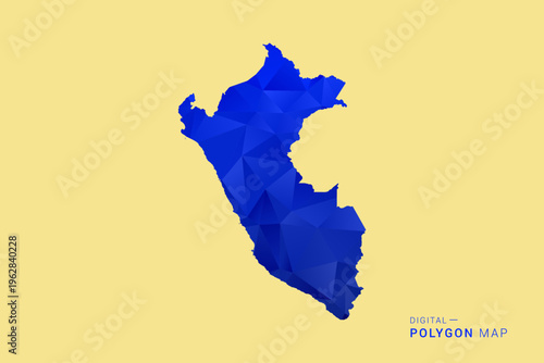 Peru Map - Low poly polygon map in deep blue gradient on soft beige background, modern minimal geometric design, clean abstract vector illustration with faceted triangulated style.