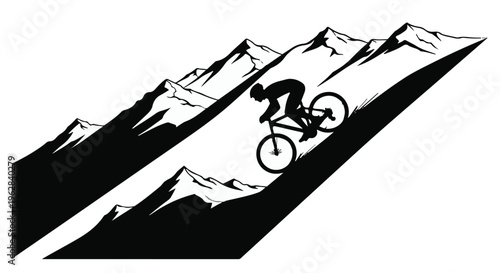 Cyclist riding a mountain bike across rugged terrain symbolizes an adventurous spirit and active lifestyle in this striking graphic depiction of extreme outdoor sports in the high mountains.