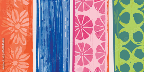 Colorful vertical stripes with floral fruit and geometric patterns