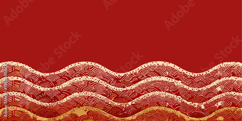 Stylized waves in gold and red create a traditional japanese pattern