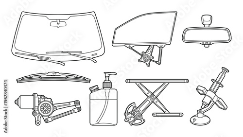 Car glass and window repair equipment set featuring windshield wipers and window regulator mechanism