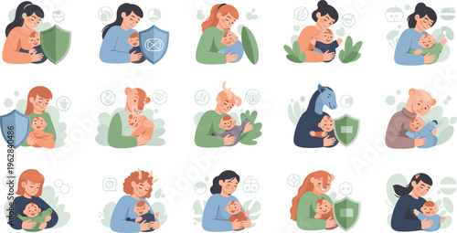 Parent and baby care protection vector set with mothers holding infants, safety shield concept, nurturing, family love illustration collection