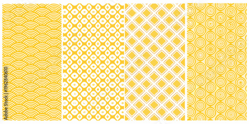 Four seamless yellow patterns arranged side by side showcasing geometric designs