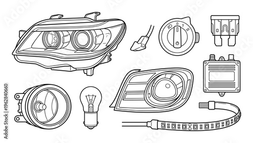 Car headlight and lighting components collection vector