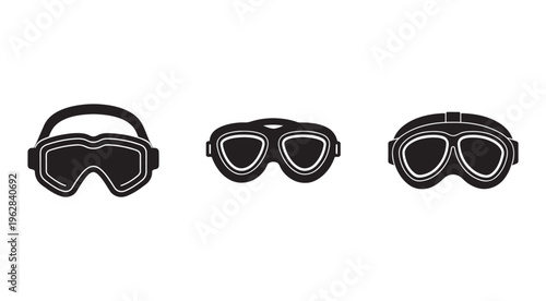 Three black goggles with white outlines for diving swimming skiing or motorcycling on white background