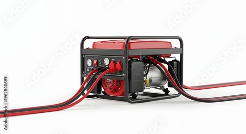 Portable Red Electric Gas Generator with Connected Power Cables Isolated on White Background for Emergency Backup and Industrial Use