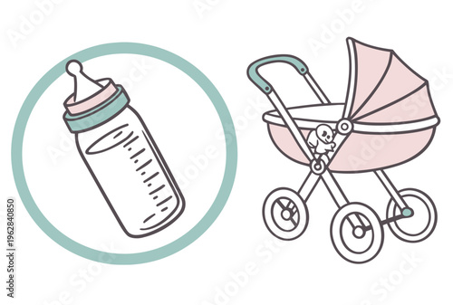 Baby bottle and stroller for newborn care
