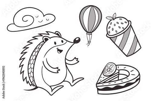 A hedgehog is standing next to a donut and a strawberry smoothie