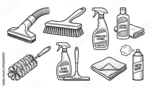 Car interior cleaning supplies and detailing equipment icons set in hand drawn vintage sketch style