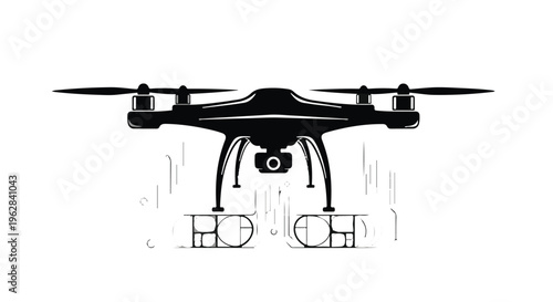 Drone hovering in mid-air demonstrates the integration of aerial technology and data gathering capabilities for modern industrial surveying and high-tech mapping professional operations.