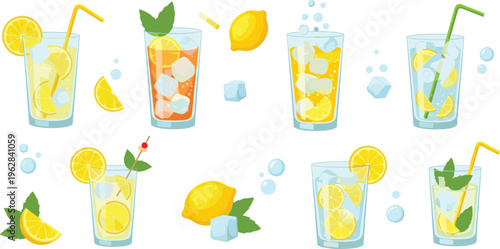 Refreshing lemonade drinks vector set with lemon slices, mint, ice cubes and summer beverages, cold citrus cocktails illustration collection