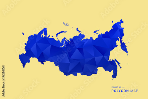 Russia Map - Low poly polygon map in deep blue gradient on soft beige background, modern minimal geometric design, clean abstract vector illustration with faceted triangulated style.