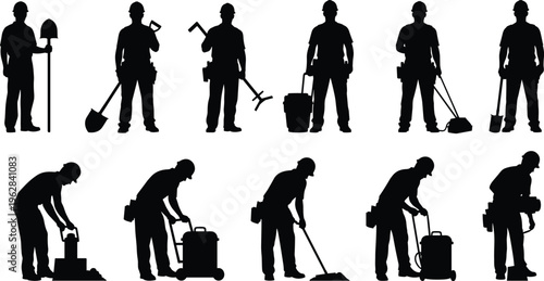 Cleaning workers silhouettes set, janitor service staff with tools, maintenance and sanitation concept, professional cleaners, housekeeping illustration, black isolated collection