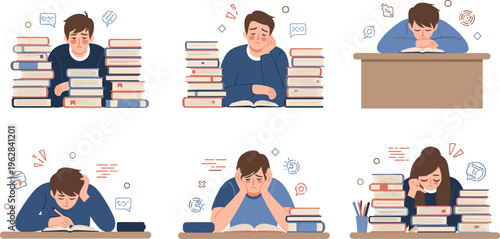 Stressed students studying vector set with exams pressure, tired learners, books overload and academic anxiety, education struggle illustration collection