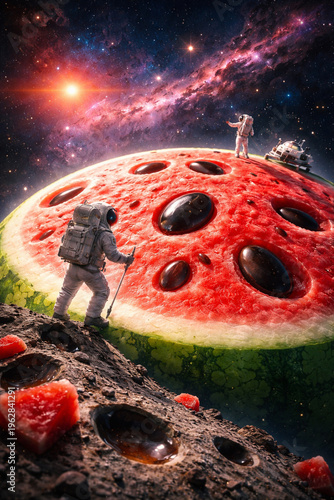 Astronauts Exploring Giant Watermelon Planet in Outer Space with Galaxy Background Surreal Concept Art