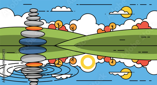 Flat illustration of stacked stones reflected in water, with a sun and clouds