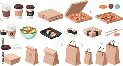 Takeaway food packaging vector set with pizza boxes, coffee cups, sushi containers and paper bags, delivery and fast food illustration collection