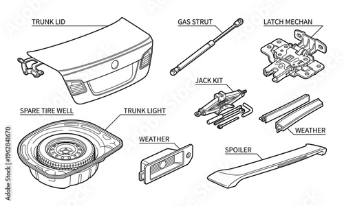 Car trunk parts trunk lid gas strut latch jack kit spare tire well spoiler weather