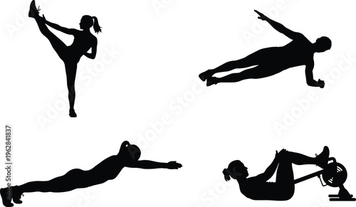 Fitness workout silhouettes set, woman exercising poses, strength training, cardio exercises, healthy lifestyle concept, gym activity illustration, black isolated collection