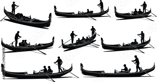 Gondola boat silhouettes collection, Venetian canal transport with gondolier and passengers, Italy travel concept, traditional water taxi illustration, black isolated set