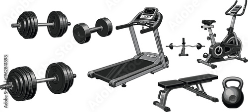 Gym equipment collection, dumbbells treadmill exercise bike bench kettlebell, fitness training tools, workout gear illustration, strength and cardio machines set