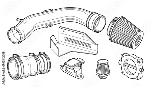 Cold air intake system parts and performance engine modifications isolated vector illustration set