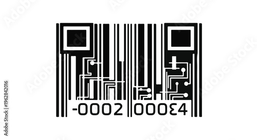 Barcode integrated with intricate circuit board traces visually represents the convergence of digital information, advanced technology, and modern commerce, symbolizing data processing and smart.