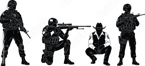 Tactical soldiers and western cowboy silhouettes, armed forces with rifles, military operations concept, law enforcement, security personnel, black isolated illustration set