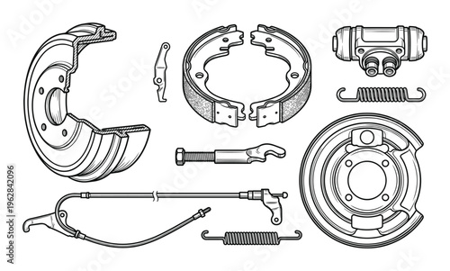Drum brake system assembly components with shoes wheel cylinder backing plate and spring kit vector