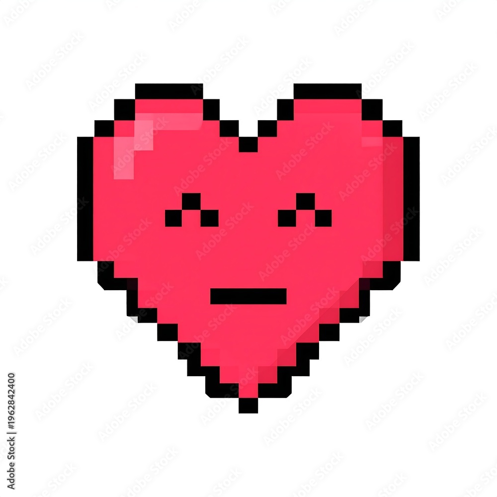 Obraz premium Pixelated red heart with black outline and minimalist eyes/mouth
