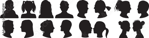 Children head silhouettes, 14 kid profile vector icons