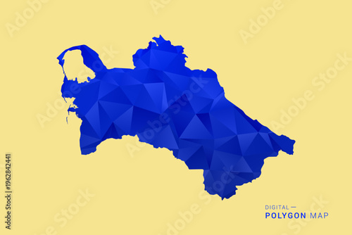 Turkmenistan Map - Low poly polygon map in deep blue gradient on soft beige background, modern minimal geometric design, clean abstract vector illustration with faceted triangulated style.
