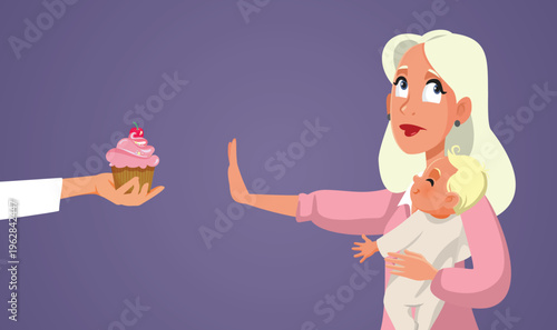 Mom Refuses a Dessert for Baby from Someone Vector Illustration. Mother unhappy with people feeding her toddler sugary treats without permission