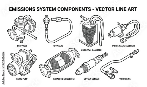 Emissions system components vector line art collection of automotive engine parts