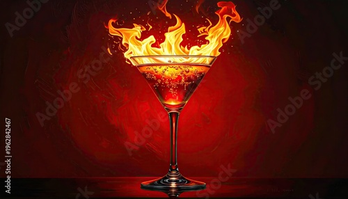 A martini glass ablaze with fire, set against a deep red background