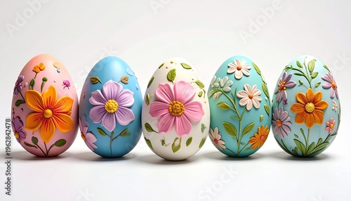 Pastel Easter eggs decorated with colorful floral designs
