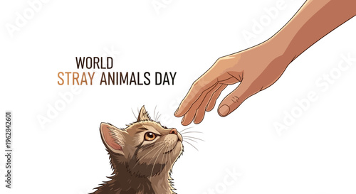 Illustration of a hand gently reaching out to a stray cat on World Stray Animals Day with a simple background.