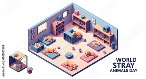 Isometric illustration of a cozy animal shelter interior with cats and dogs, supporting World Stray Animals Day with a warm and inviting atmosphere.