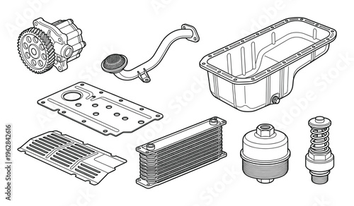 Engine internal components and oil system parts set line art isolated on gray checkered background isometric vector