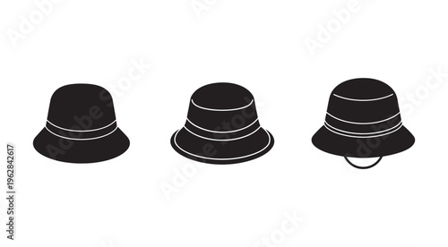 Three black hats with white outlines and straps  isolated on white background