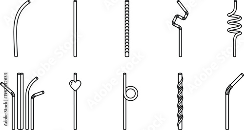 Drinking straw line icon set with straight bent spiral and decorative shapes minimal beverage tube collection