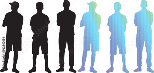 Casual man silhouettes, standing male figures vector set