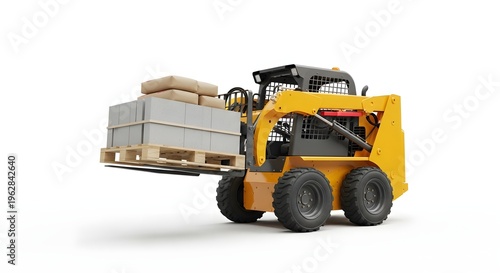 Yellow Skid Steer Loader with Forklift Attachment Carrying Concrete Blocks and Cement Bags on Pallet, Isolated on White