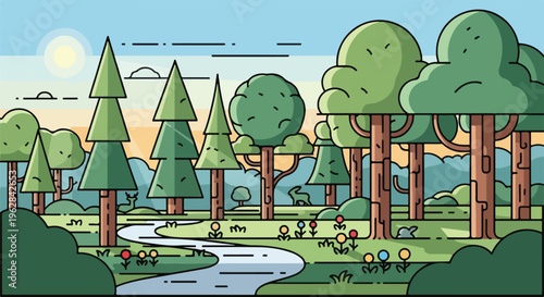 Flat landscape featuring a river, trees, flowers, sun, and stylized animals