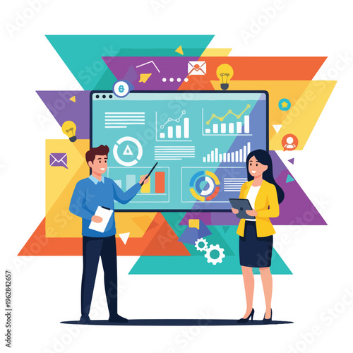 Illustration of two people with data visualization on a screen