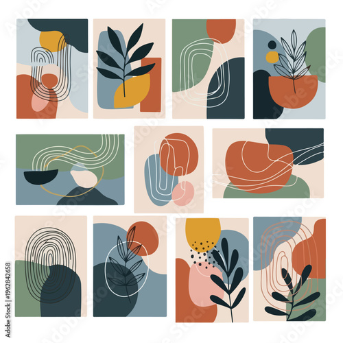 Modern abstract art with organic shapes, lines and leaves