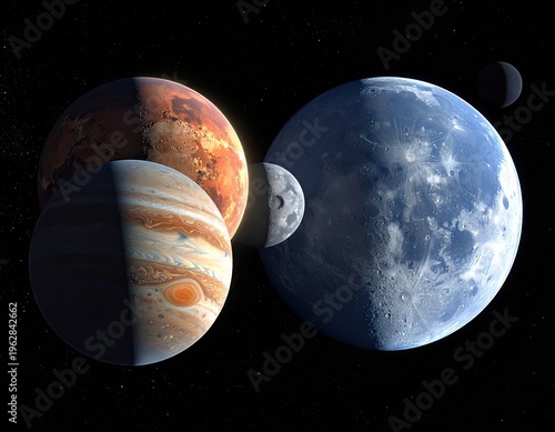 A celestial arrangement of planets and moons against a star-studded void