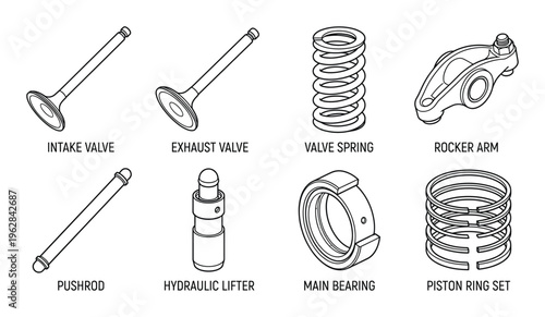 Engine parts set outline vector illustration. intake valve exhaust valve valve spring rocker arm