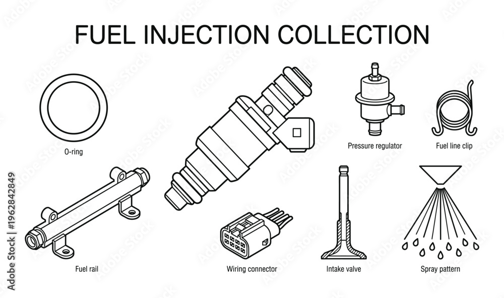 Fototapeta premium Fuel injection system components and hardware collection with labels isolated on transparent background